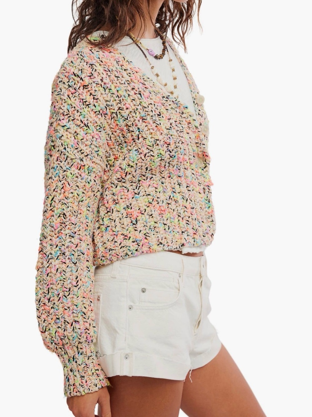 Free People Cream Multicolor Speckled Cropped Cardigan - NWT - Picture 2 of 10